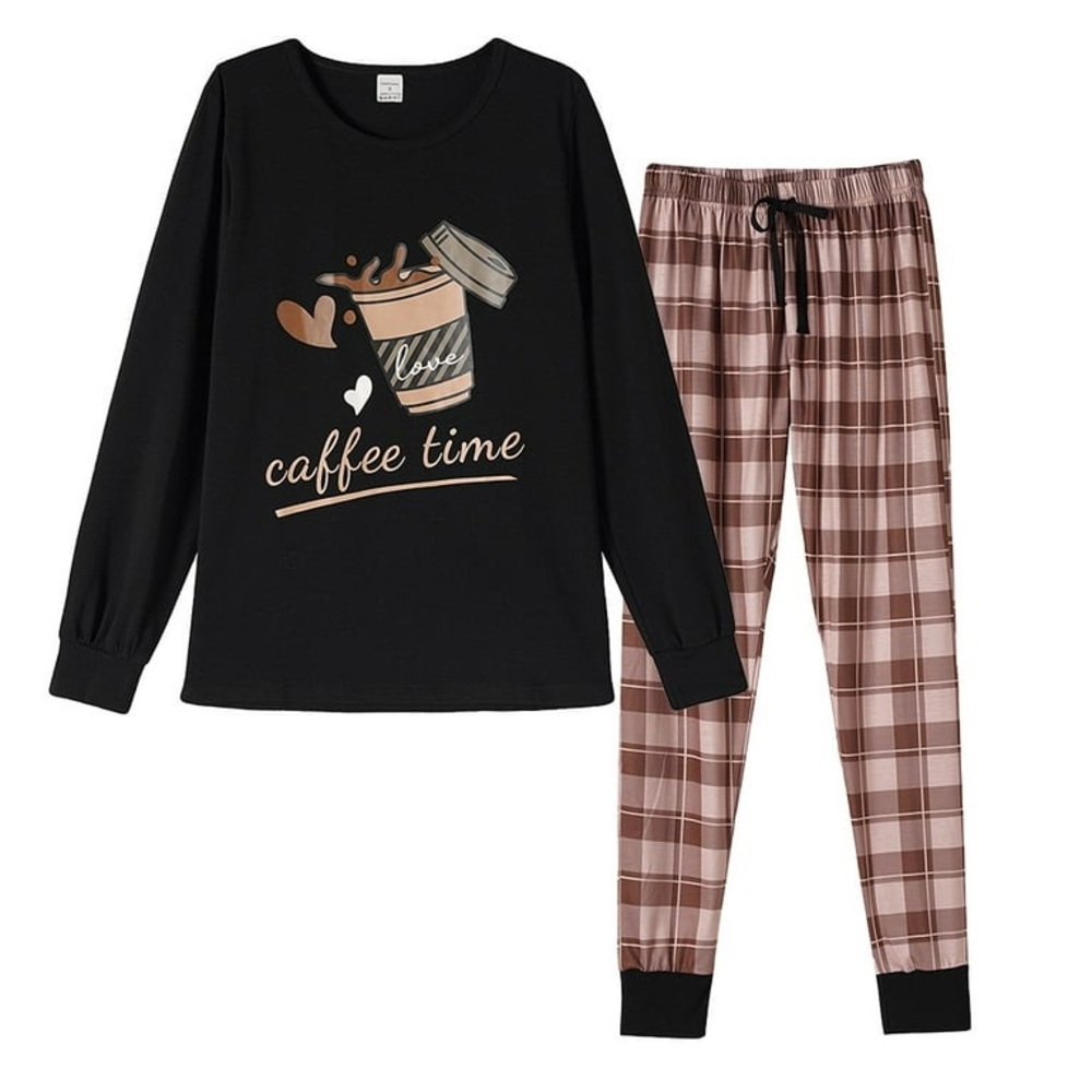 New Womens Coffee Time Long Sleeve Plaid Pajamas XL